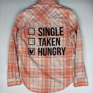 Single Taken Hungry Women Medium Upcycled Shirt Peach Plaid Distressed Upcycled